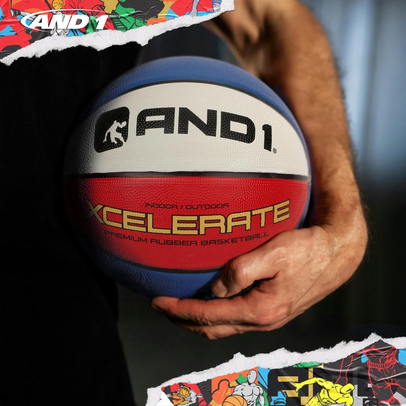 AND1 Xcelerate Rubber Basketball: Official Regulation Size 7 (29.5â€) Streetball, Made for Indoor/Outdoor Games (Basketball w/Pump, Red/White/Blue) - Image 3